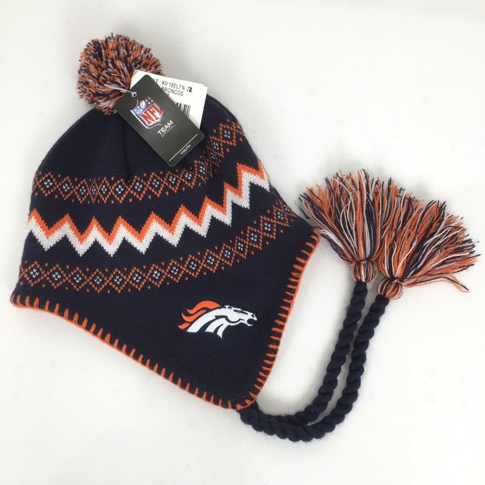 NFL Football Denver Broncos Winter Flapper Beanie Cap Hat NEW Fair Isle Youth OS
